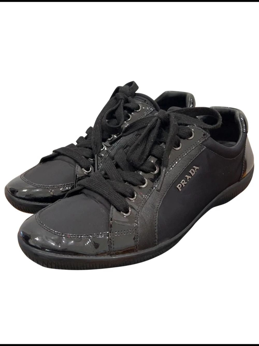 Prada Black Low-Top Patent & Leather Lace-Up Sneakers